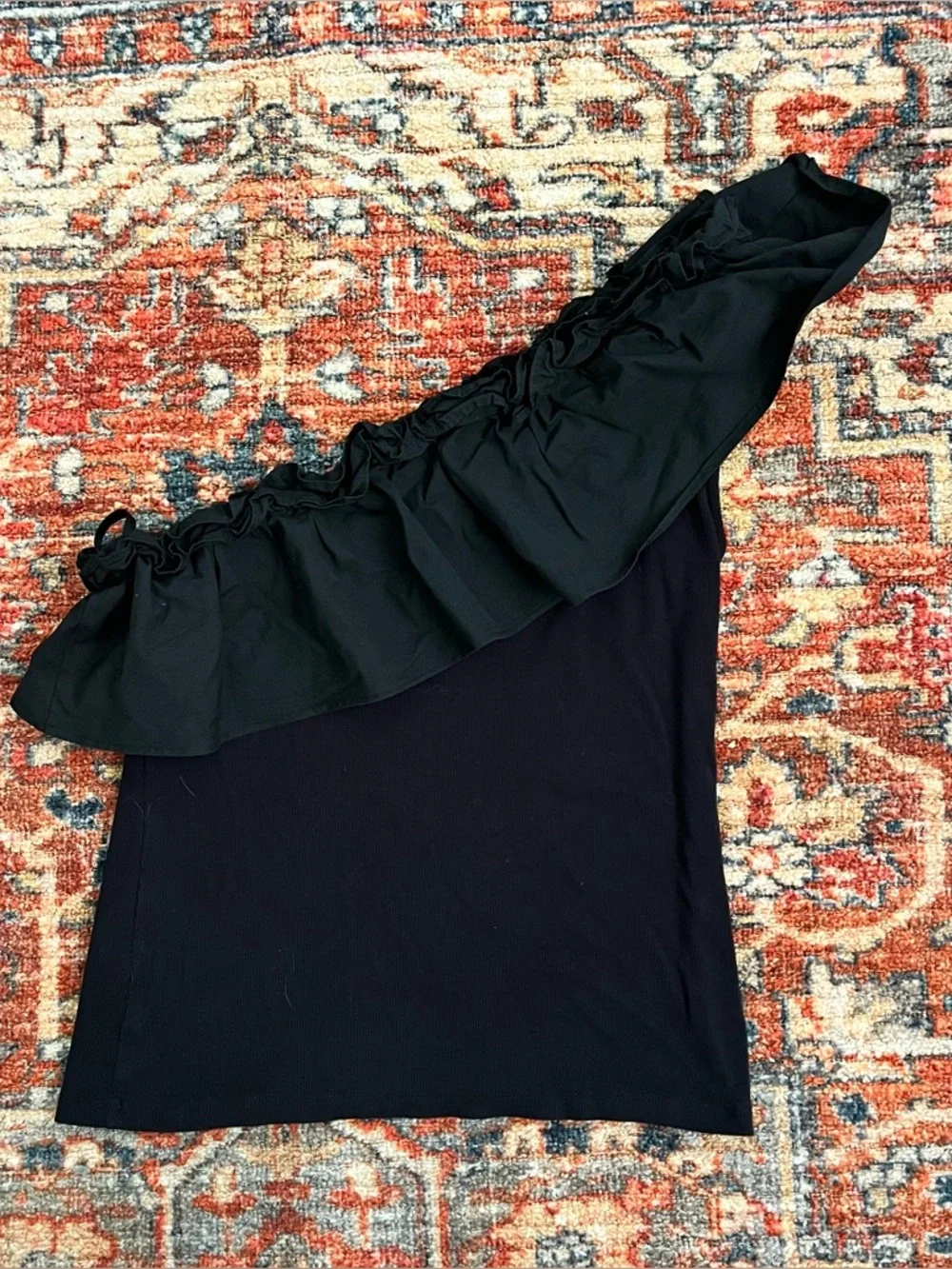 Boston Proper One-Shoulder Ruffle Ribbed Top - Picture 4 of 4